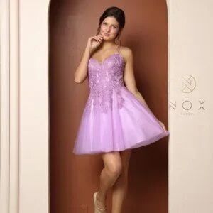 llusion V-Neck Embroidered Lace Babydoll Short Homecoming & Cocktail Dress